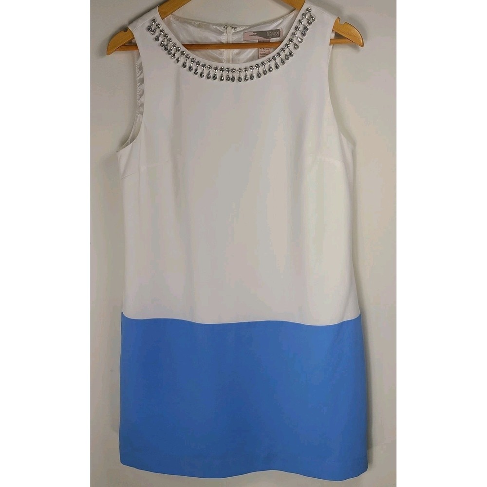 Love 21 Embellished Shift Dress Size M White Blue Colorblock Rhinestone Neck EUC